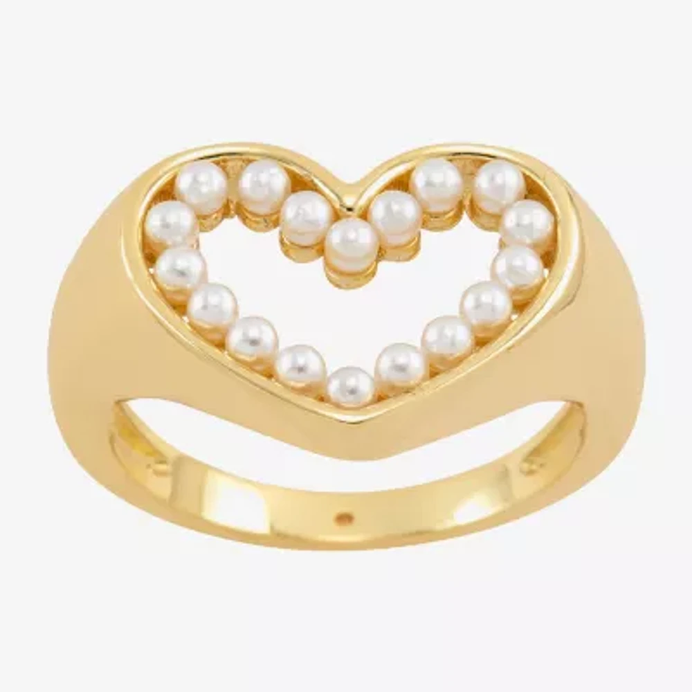 Sparkle Allure Open Womens White Simulated Pearl 14K Gold Over Brass Heart Signet Ring