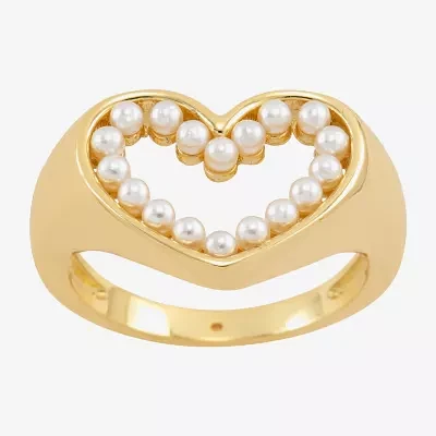 Sparkle Allure Open Womens White Simulated Pearl 14K Gold Over Brass Heart Signet Ring