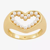 Sparkle Allure Open Womens White Simulated Pearl 14K Gold Over Brass Heart Signet Ring