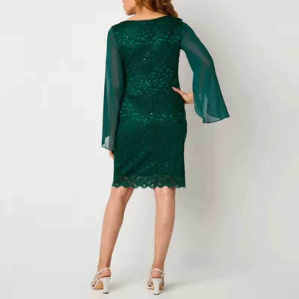 Connected Apparel Womens Lace Long Sleeve Sequin Sheath Dress