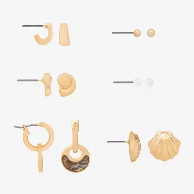 Bijoux Bar Delicates Shell Simulated Pearl Gold Tone 6 Pair Earring Set