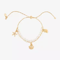 Bijoux Bar Delicates Gold Tone Glass Simulated Pearl Link Charm Bracelet