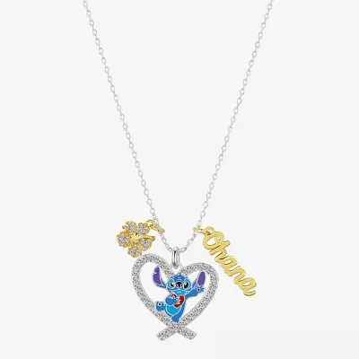 Disney Classics Ohana Womens Cubic Zirconia 10K Gold Over Brass Pure Silver Over Brass Flower Heart Pendant Necklaces