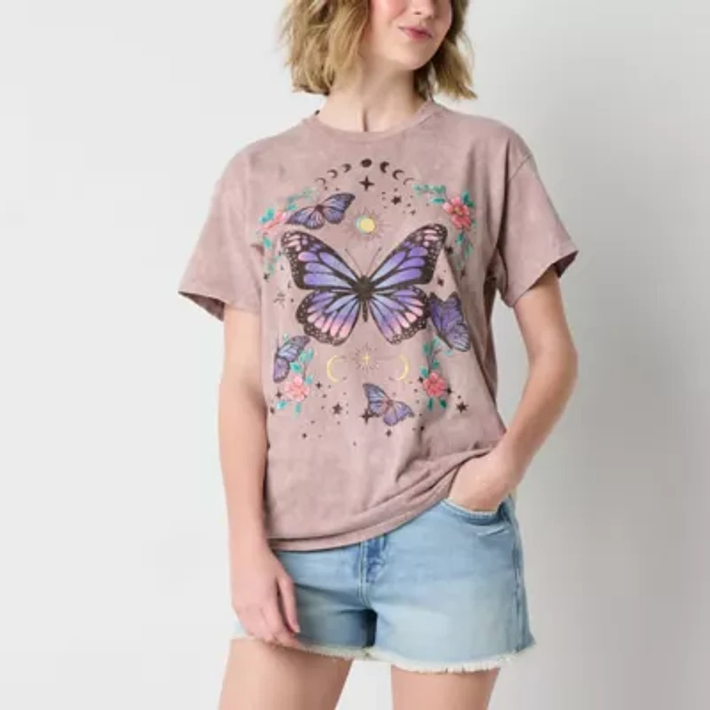 Juniors Celestial Butterfly Boyfriend Womens Crew Neck Short Sleeve Graphic T-Shirt