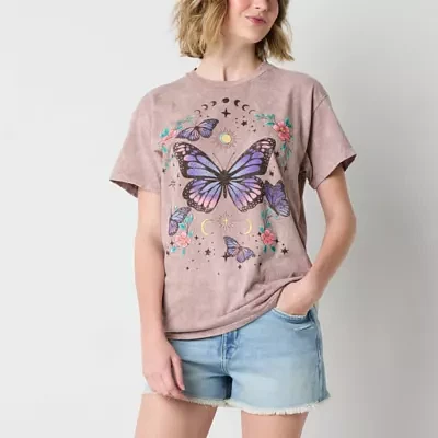 Juniors Celestial Butterfly Boyfriend Womens Crew Neck Short Sleeve Graphic T-Shirt