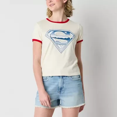 Juniors The Movie Ringer Tee Womens Crew Neck Short Sleeve Superman Graphic T-Shirt
