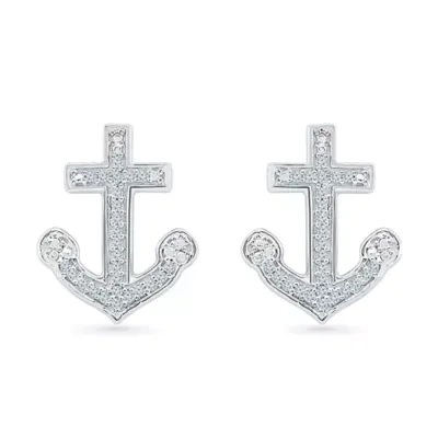 1/10 CT. T.W. Natural White Diamond Sterling Silver 15mm Anchor Stud Earrings
