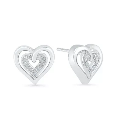 Diamond Accent Mined White Diamond 10K White Gold 11.5mm Heart Stud Earrings