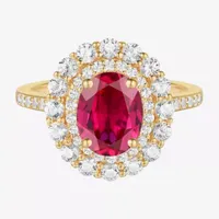 Womens Lab Created Red Ruby 14K Gold Over Silver Oval Cocktail Ring