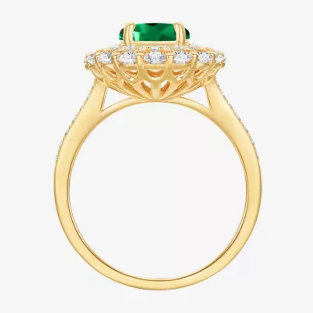 Womens Lab Created Green Emerald 14K Gold Over Silver Oval Cocktail Ring