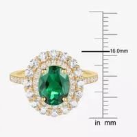 Womens Lab Created Green Emerald 14K Gold Over Silver Oval Cocktail Ring