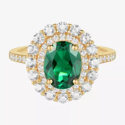 Womens Lab Created Green Emerald 14K Gold Over Silver Oval Cocktail Ring