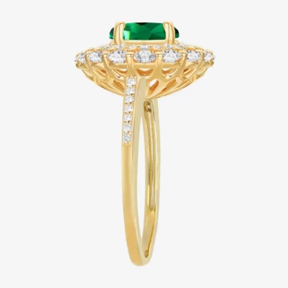 Womens Lab Created Green Emerald 14K Gold Over Silver Oval Cocktail Ring
