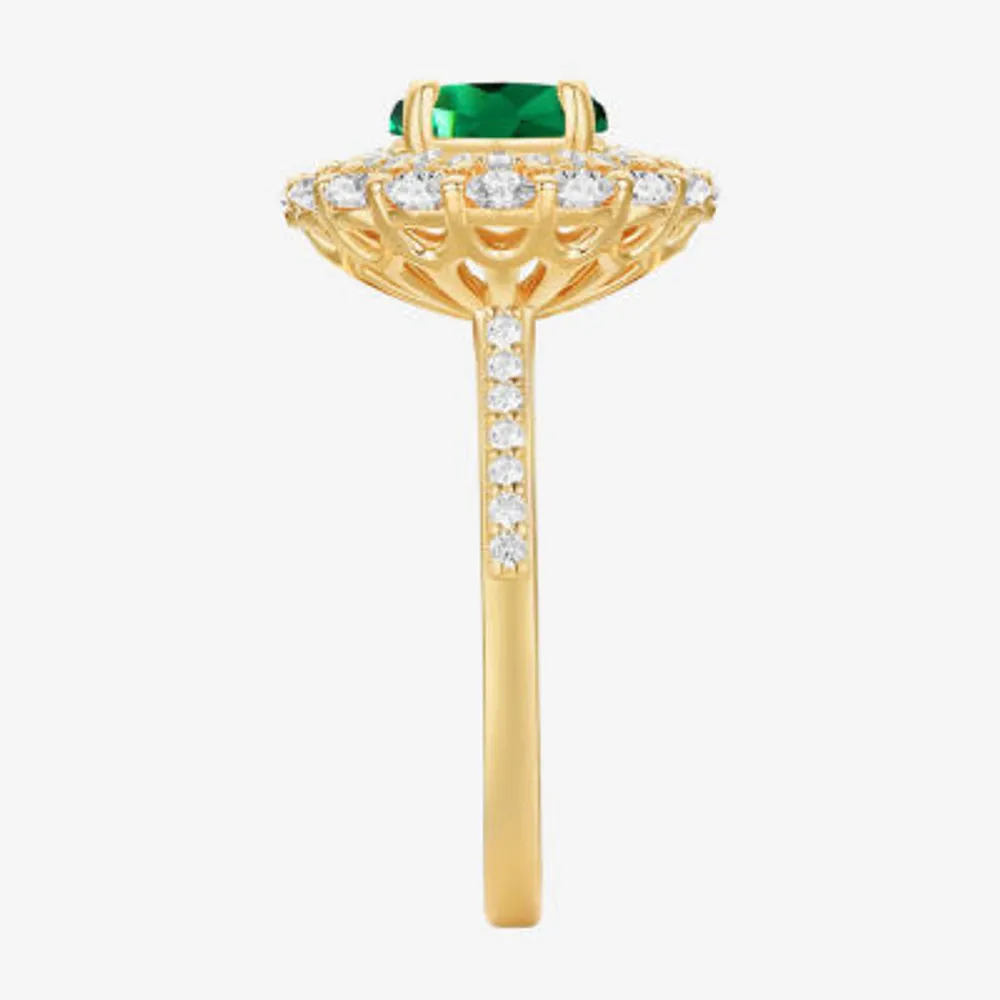 Womens Lab Created Green Emerald 14K Gold Over Silver Oval Cocktail Ring