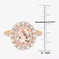 Womens Lab Created Pink Sapphire 14K Rose Gold Over Silver Oval Halo Side Stone Cocktail Ring