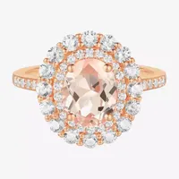 Womens Lab Created Pink Sapphire 14K Rose Gold Over Silver Oval Halo Side Stone Cocktail Ring