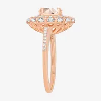 Womens Lab Created Pink Sapphire 14K Rose Gold Over Silver Oval Halo Side Stone Cocktail Ring