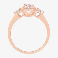 Womens Lab Created Pink Sapphire 14K Rose Gold Over Silver Cushion Halo 3-Stone Cocktail Ring