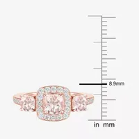 Womens Lab Created Pink Sapphire 14K Rose Gold Over Silver Cushion Halo 3-Stone Cocktail Ring