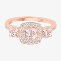 Womens Lab Created Pink Sapphire 14K Rose Gold Over Silver Cushion Halo 3-Stone Cocktail Ring