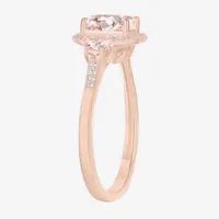 Womens Lab Created Pink Sapphire 14K Rose Gold Over Silver Cushion Halo 3-Stone Cocktail Ring