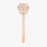 Womens Lab Created Pink Sapphire 14K Rose Gold Over Silver Cushion Halo 3-Stone Cocktail Ring