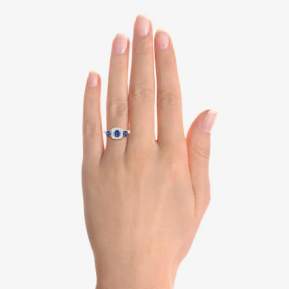 Womens Lab Created Blue Sapphire Sterling Silver Cushion Halo 3-Stone Cocktail Ring