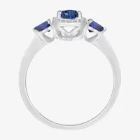 Womens Lab Created Blue Sapphire Sterling Silver Cushion Halo 3-Stone Cocktail Ring