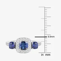 Womens Lab Created Blue Sapphire Sterling Silver Cushion Halo 3-Stone Cocktail Ring