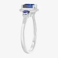 Womens Lab Created Blue Sapphire Sterling Silver Cushion Halo 3-Stone Cocktail Ring