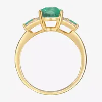 Womens 1/5 CT. T.W. Genuine Green Emerald 10K Gold Cushion Halo 3-Stone Cocktail Ring