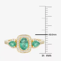 Womens 1/5 CT. T.W. Genuine Green Emerald 10K Gold Cushion Halo 3-Stone Cocktail Ring