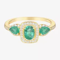 Womens 1/5 CT. T.W. Genuine Green Emerald 10K Gold Cushion Halo 3-Stone Cocktail Ring