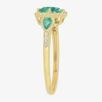 Womens 1/5 CT. T.W. Genuine Green Emerald 10K Gold Cushion Halo 3-Stone Cocktail Ring