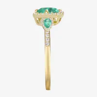 Womens 1/5 CT. T.W. Genuine Green Emerald 10K Gold Cushion Halo 3-Stone Cocktail Ring