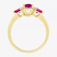 Womens Lab Created Red Ruby 14K Gold Over Silver Cushion Halo 3-Stone Cocktail Ring