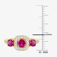 Womens Lab Created Red Ruby 14K Gold Over Silver Cushion Halo 3-Stone Cocktail Ring