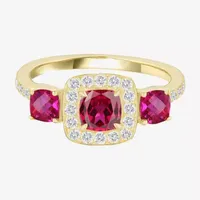 Womens Lab Created Red Ruby 14K Gold Over Silver Cushion Halo 3-Stone Cocktail Ring