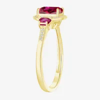 Womens Lab Created Red Ruby 14K Gold Over Silver Cushion Halo 3-Stone Cocktail Ring