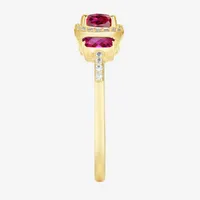 Womens Lab Created Red Ruby 14K Gold Over Silver Cushion Halo 3-Stone Cocktail Ring