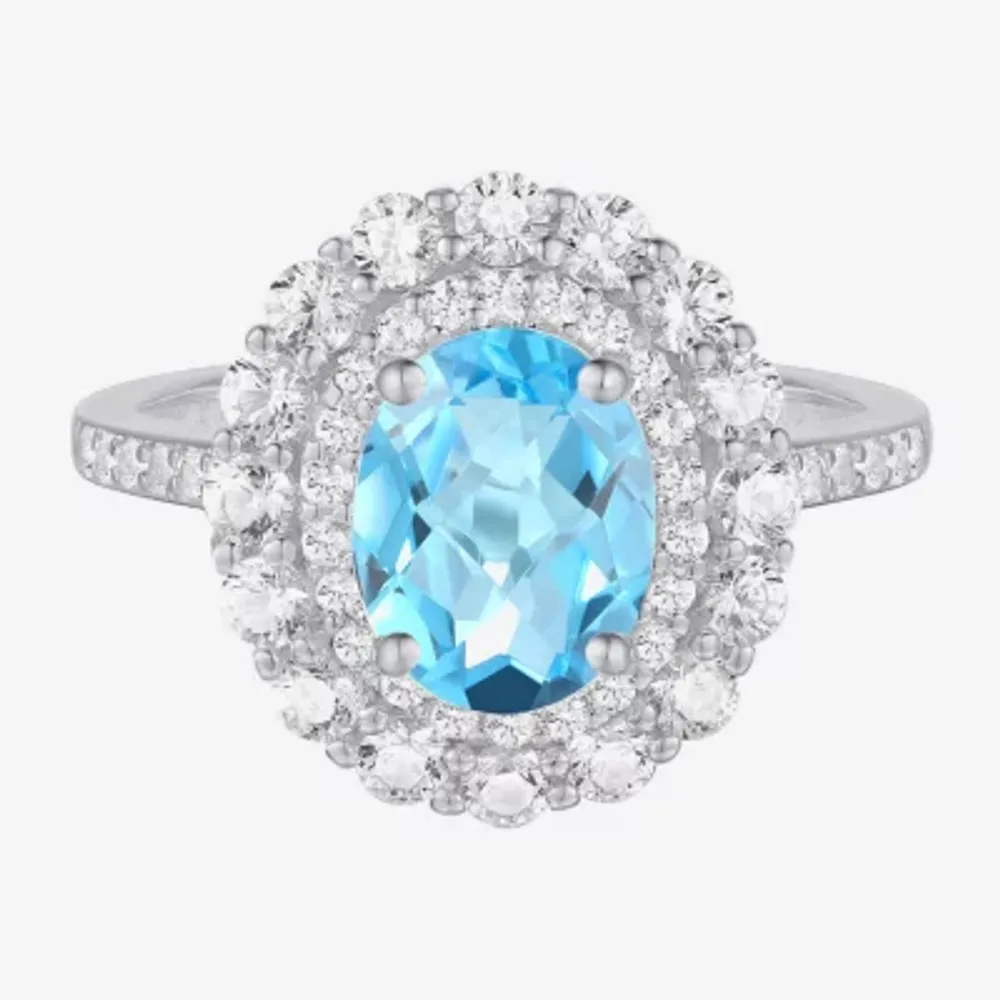 Womens Genuine Blue Topaz Sterling Silver Round Cocktail Ring