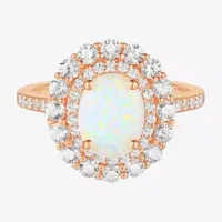 Womens Lab Created White Opal 14K Gold Over Silver Oval Cocktail Ring