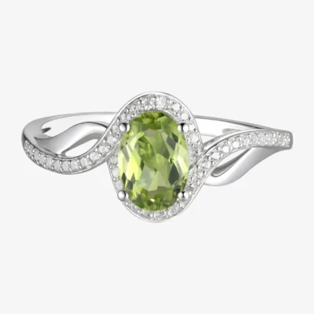 Womens Genuine Green Peridot 10K White Gold Oval Halo Bypass  Cocktail Ring