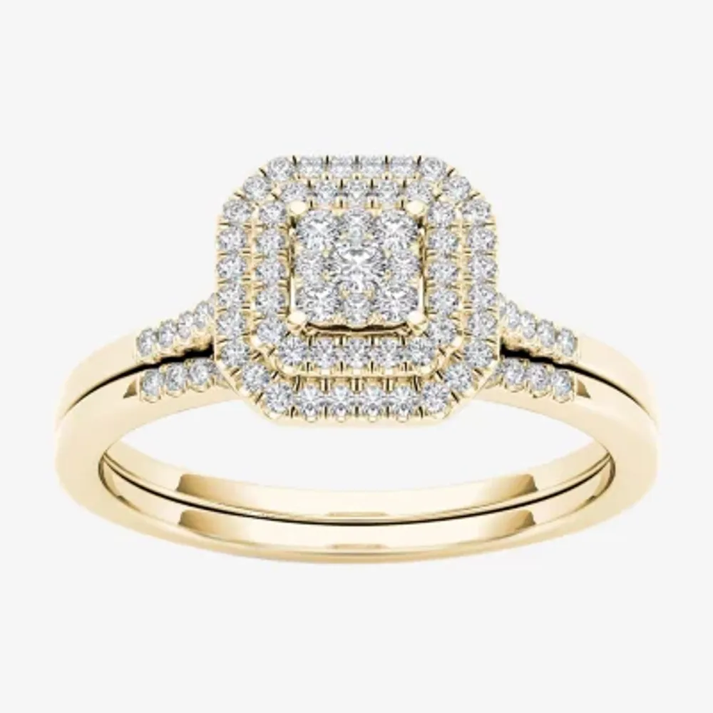 Womens 1/ CT. T.W. Natural White Diamond 10K Gold Cushion Halo Bridal Set