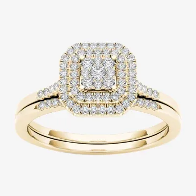 Womens 1/ CT. T.W. Natural White Diamond 10K Gold Cushion Halo Bridal Set