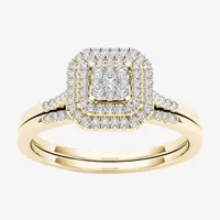 Womens 1/ CT. T.W. Natural White Diamond 10K Gold Cushion Halo Bridal Set