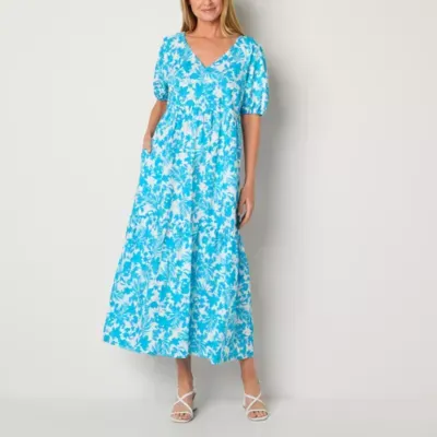 Peyton & Parker Womens Short Sleeve Puffed Floral Maxi Dress