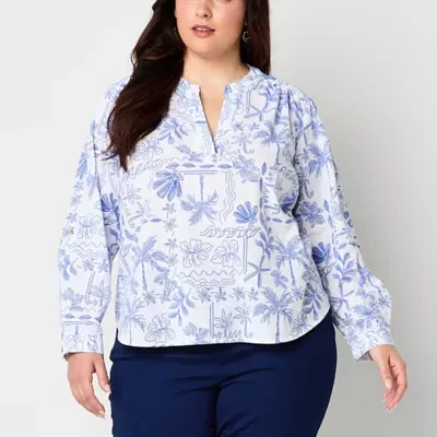 St. John's Bay Plus Womens Split Crew Neck Long Sleeve Blouse