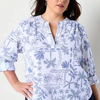 St. John's Bay Plus Womens Split Crew Neck Long Sleeve Blouse