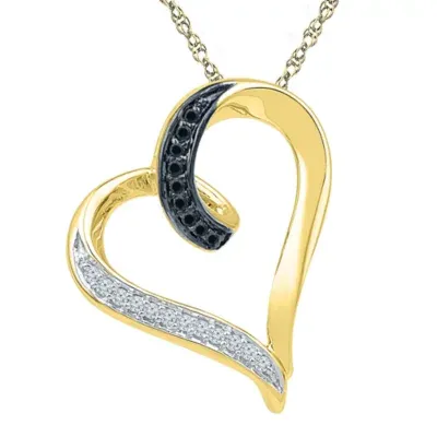 White and Color Enhanced Black Diamond Accent 10K Yellow Gold Heart Pendant Necklace